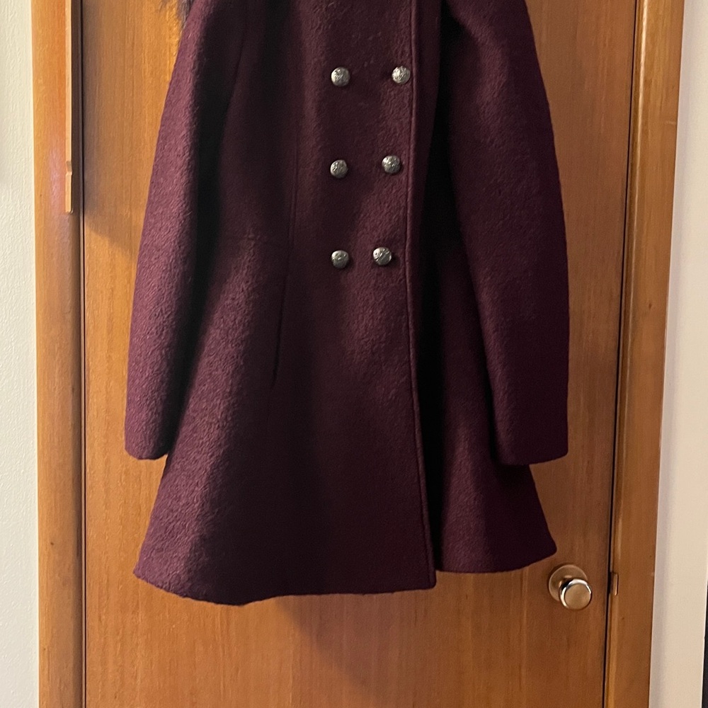 Liz Claiborne Double-Breasted Plum Coat with Fur Trimmed [zip-off] Hood - Picture 8 of 11